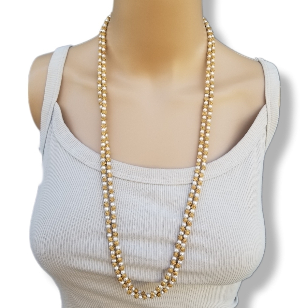 TWO VINTAGE ORNATE FAUX PEARL & TEXTURED GOLDTONE BEAD NECKLACES